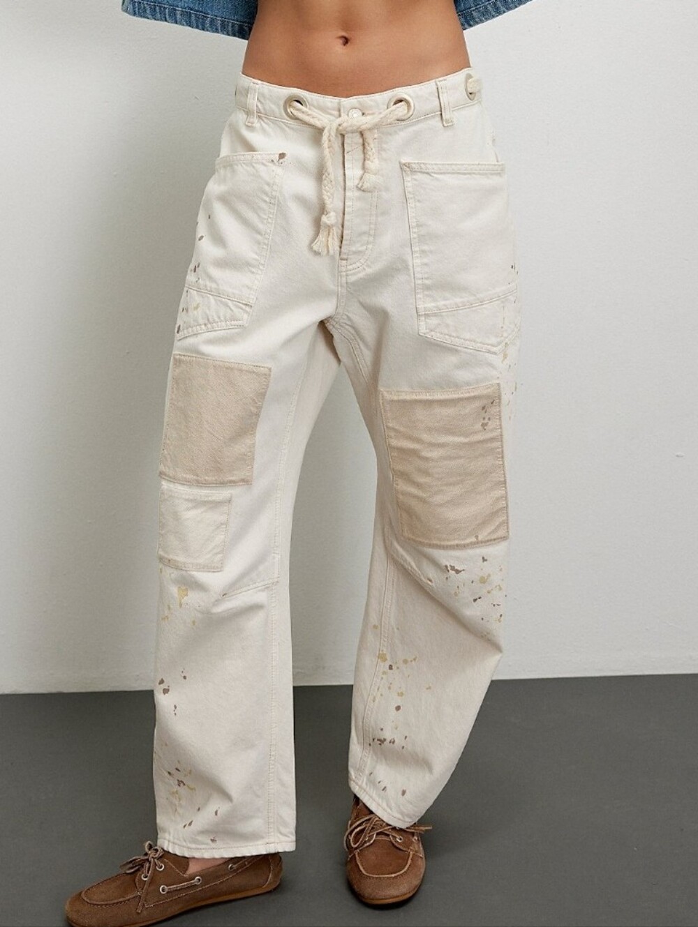 Free people we the free cream tan moxie low slung pull on barrel jeans